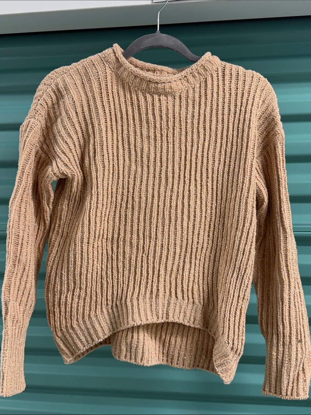 Guess Ribbed Crewneck Sweater in Camel Tan with silver sparkles ✨